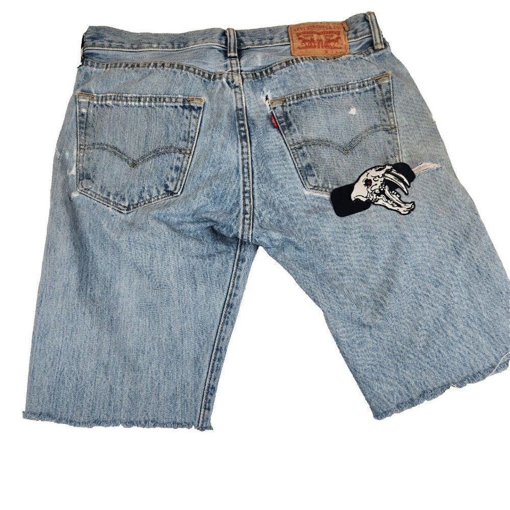 Levi's 501 Button Fly Cut Off Jean Shorts Mens 31 Blue Denim Upcycled Destroyed